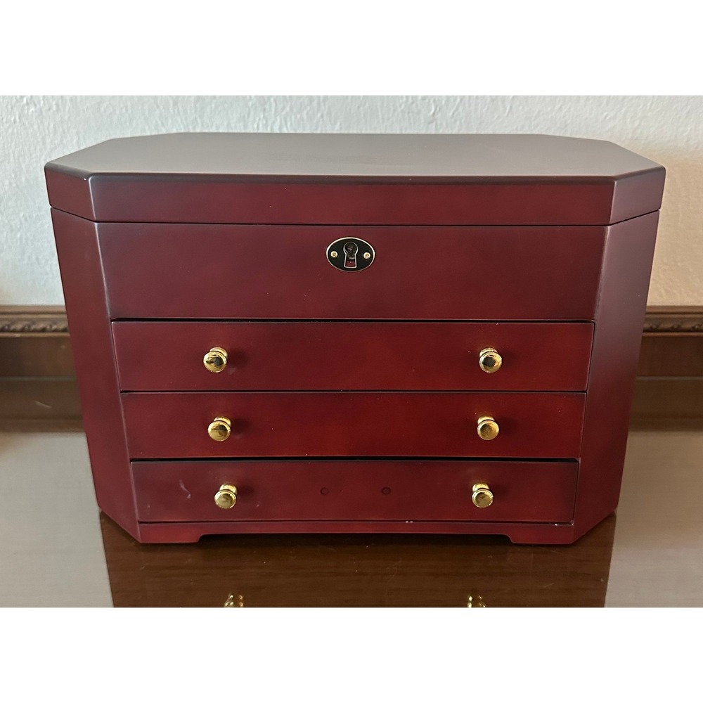 Jere Wooden Jewelry Box Chest Large 3 Drawer Locking Cherry Finish Organizer